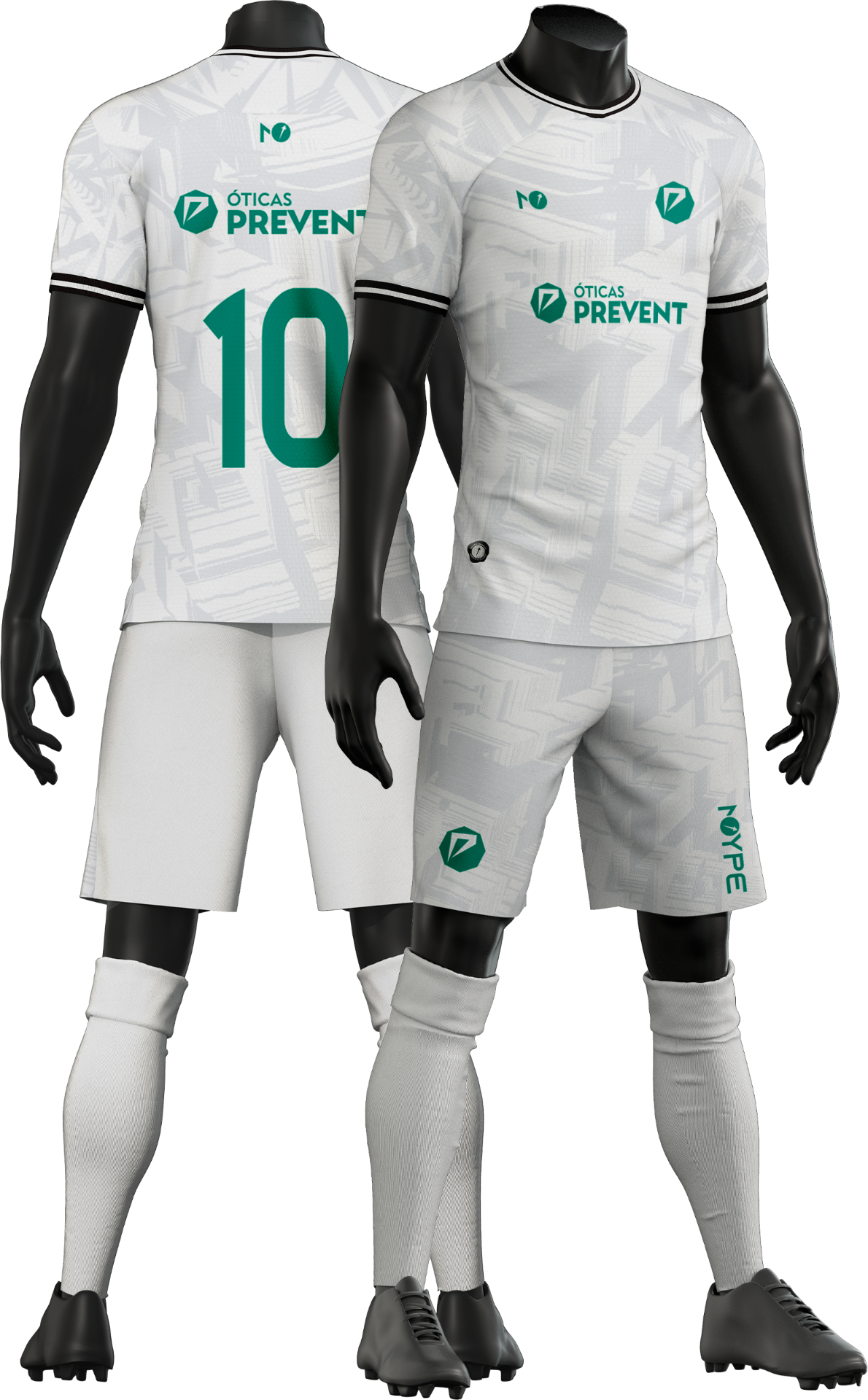 Mockup do uniforme oficial Óticas Prevent — frente e costas